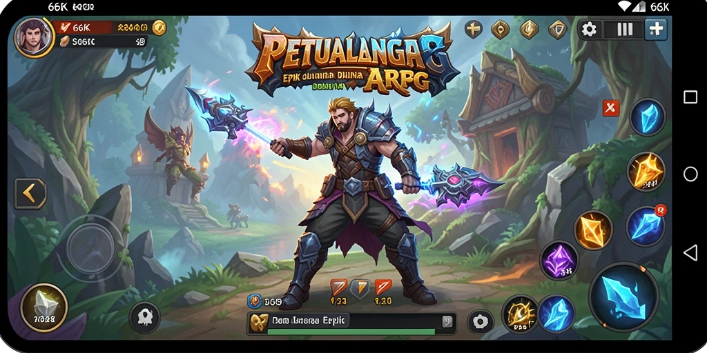 Screenshot utama 66K menampilkan aksi bertempur seru dalam dunia fantasi.