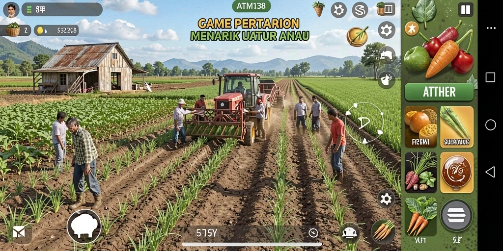 Screenshot gameplay ATM138 menampilkan ladang yang subur dan hewan ternak.