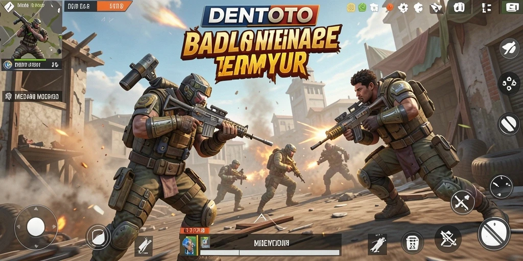 Gameplay DENTOTO yang penuh aksi dalam pertarungan Battle Royale.