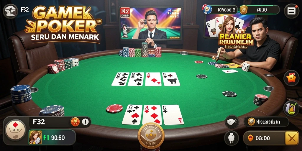 Screen utama F32 menampilkan gameplay Poker yang seru dan interaktif.