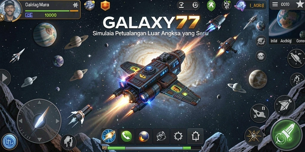 Screenshot gameplay GALAXY77 menampilkan penjelajahan luar angkasa yang seru.