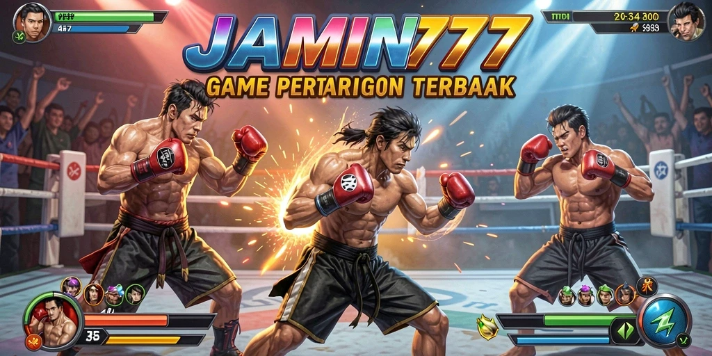 Tampilan gameplay JAMIN777 dengan pertarungan yang intens dan karakter unik.