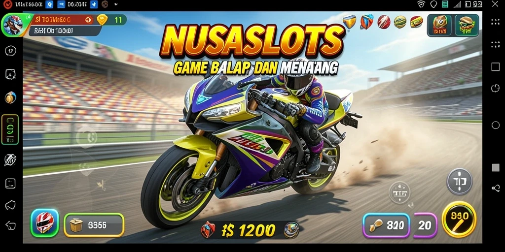 Screenshot utama NUSASLOTS menampilkan gameplay balap motor yang seru.