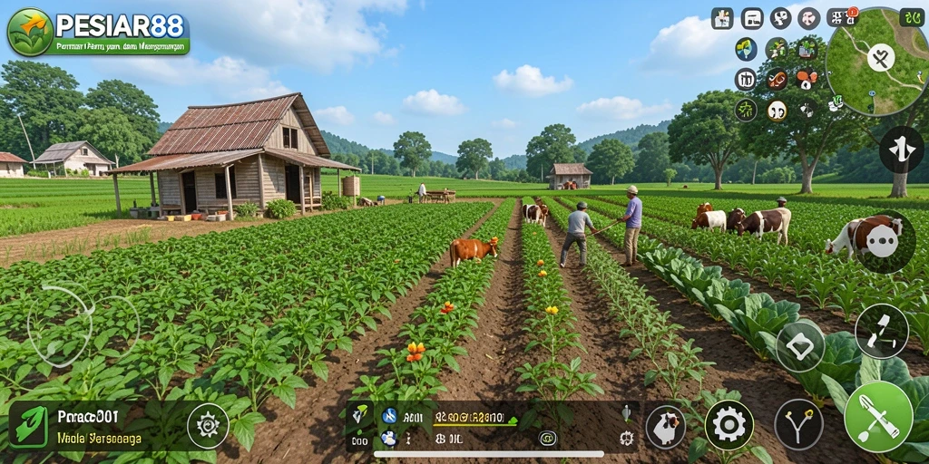 Tampilan gameplay PESIAR88 dengan lahan pertanian yang subur dan beragam tanaman.