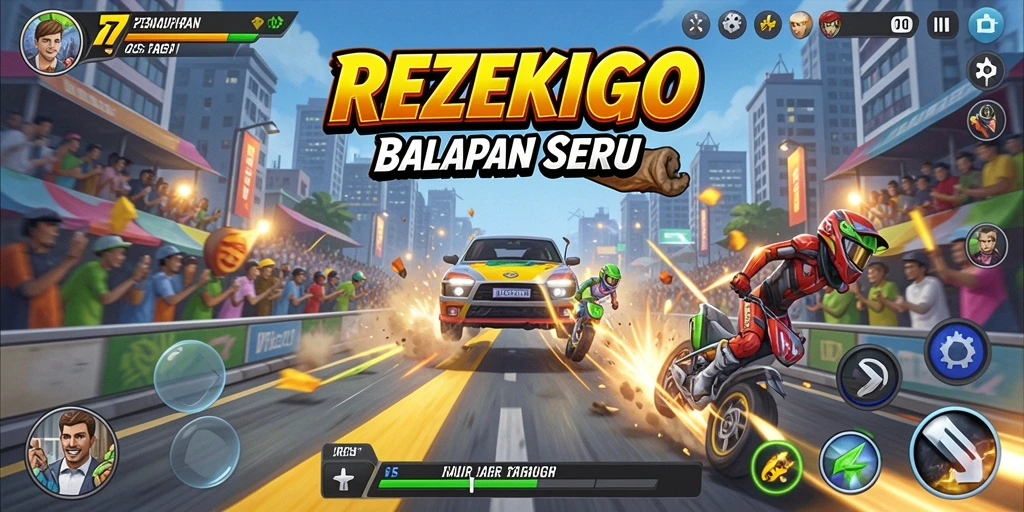 Tampilan gameplay utama REZEKIGO dengan aksi balap yang mendebarkan.
