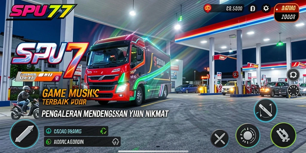 Tampilan gameplay SPBU77 dengan antarmuka musik yang menarik.