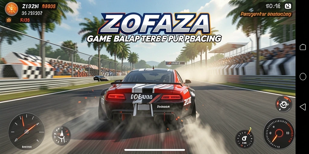 Tampilan seru gameplay balap ZOFAZA dengan mobil dan trek menantang.